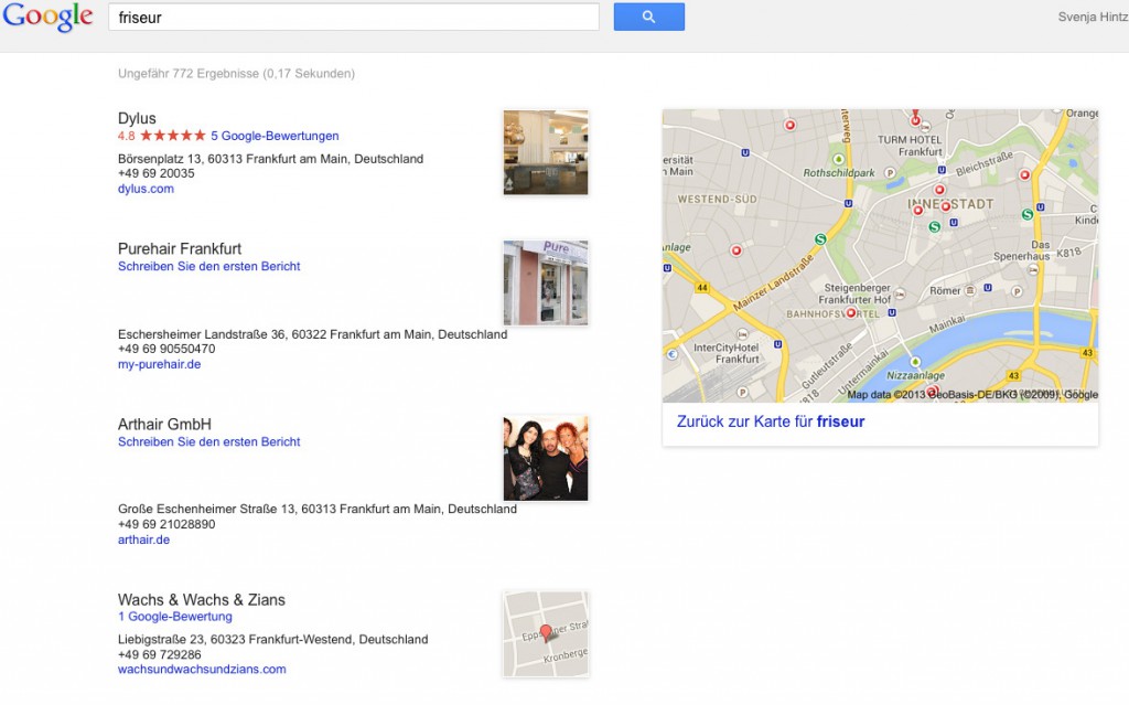 Lokale Suchergebnissseite bei Google