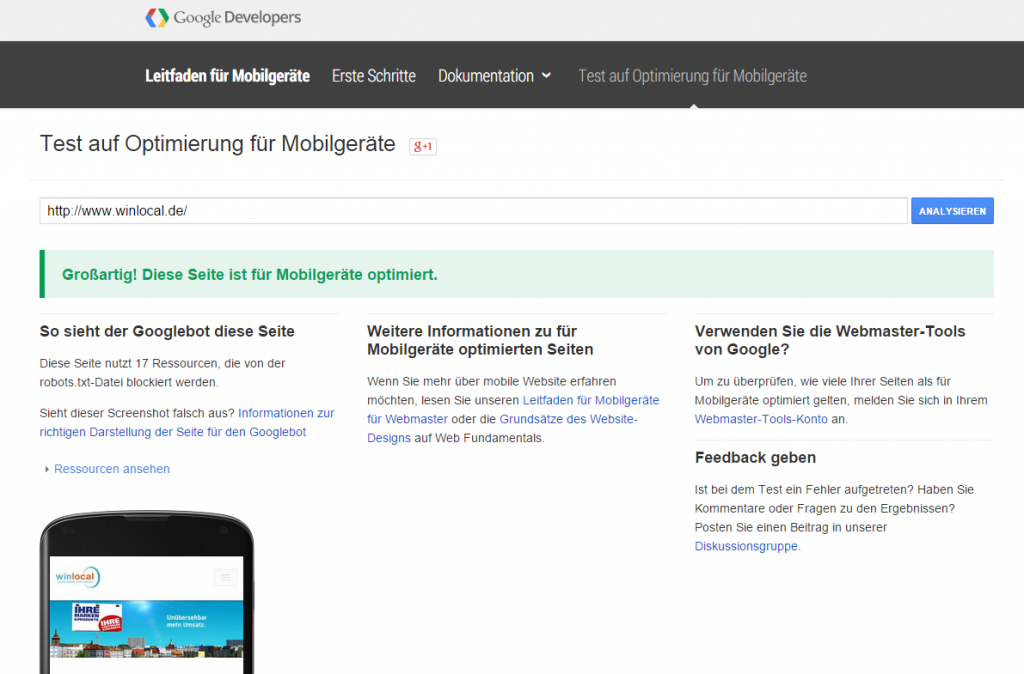 Test auf Optimierung für Mobilgeräte WinLocal