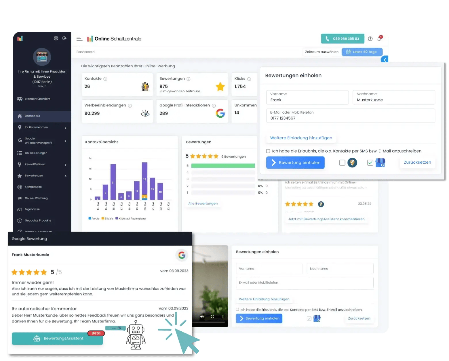 Online Schaltzentrale Dashboard Unterseite Bewertungen
